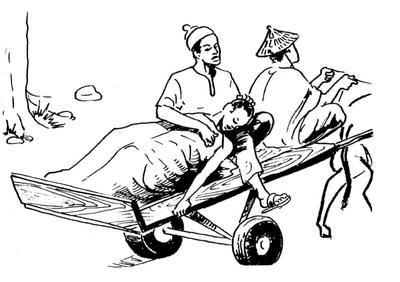 Transport d’une personne malade dans un charette