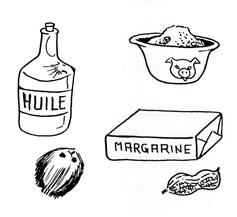 Quelques exemples de graisse et huiles : une bouteille de huile de cuisson commercial, du beurre, un bol de saindoux (graisse animal), un cacahuète, et un noix de coco.