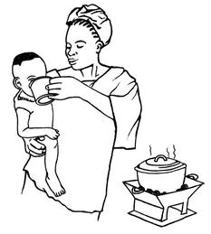 Une mère donne un verre de thé à son enfant.