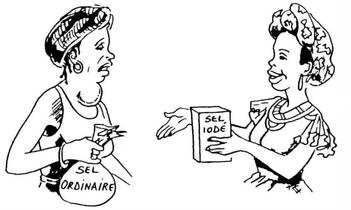 Deux femmes discutent. Une femme a une grosse bosse sur le cou, signe de goitre. Elle porte un sac étiqueté “sel ordinaire”. L’autre femme lui montre une boîte portant la mention “sel iodé”.