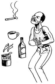 Un homme avec des maux d’estomac et les choses qu’il consomme : cigarettes, café, bière, alcool et piments
