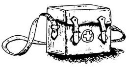 Un sac en cuir avec des fermoirs et une bandoulière. Au front, il y a un signe plus ou une croix rouge, symbole des services de santé