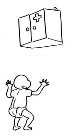 Une armoire pour les fournitures médicales est fixée en position haute sur un mur. En bas, un petit enfant tend la main mais ne peut pas l’atteindre.