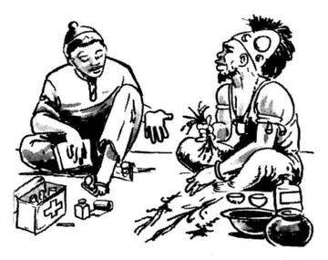 Un agent de santé et un guérisseur traditionnel sont assis l’un à côté de l’autre en bavardant. L’agent de santé montre les médicaments modernes dans sa trousse, et le guérisseur montre les herbes utilisées pour la guérison.
