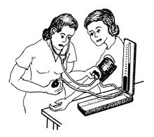 Une infirmière mesurant la tension artérielle d’une personne avec un ancien dispositif qui utilise une colonne de mercure au lieu d’un manomètre